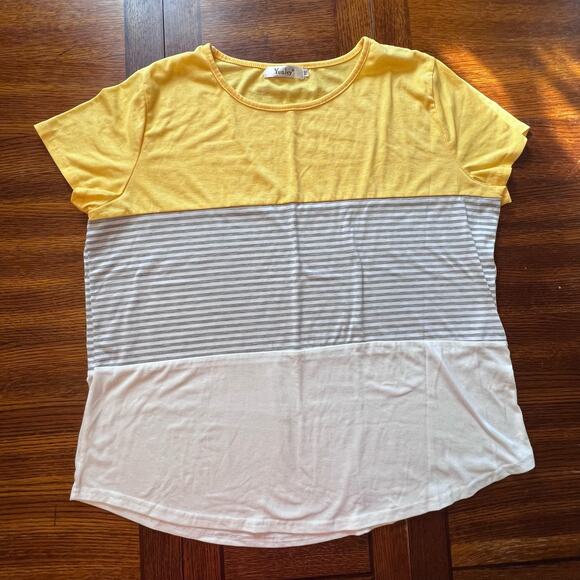 YunJey Yellow Gray White Tri Color Block Stripe Short Sleeve Top Plus 2XL Womens - Picture 7 of 13